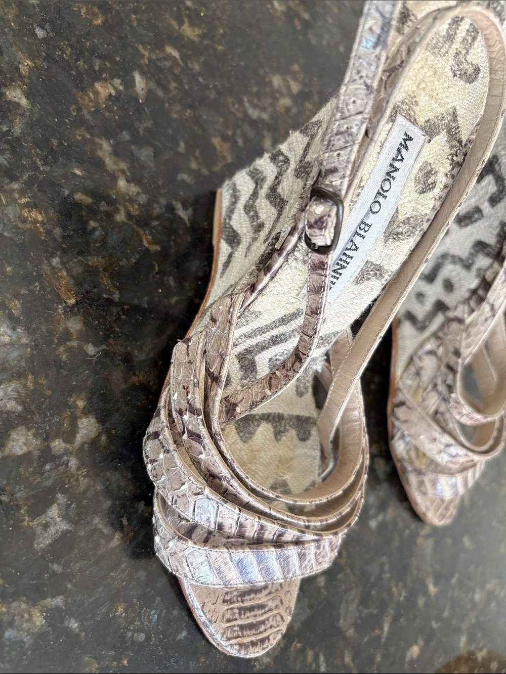 Manolo Blahnik Metallic Taupe Textured Slingback Heels